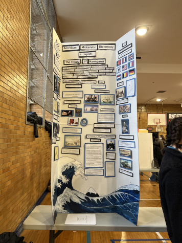 A students exhibit board, titled American Militaristic Diplomacy in Japan. 