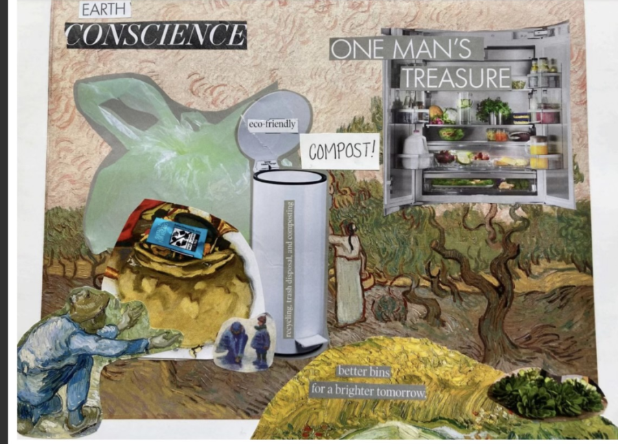 Phoebe Athanasopoulos artwork for Earth Week Initiative Art Contest. Athanasopoulos collage focuses on ways to recycle Techs cafeteria food waste.