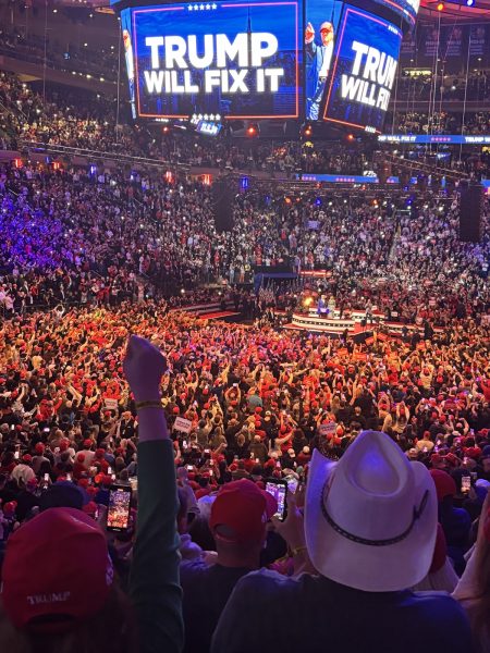 As Trump took the stage nearly two hours behind schedule, he was introduced by his wife Melania. Her appearance was unexpected, as she has been largely absent on the campaign trail. Melania, who recently publicly disagreed with her husband on abortion policy, greeted him at the podium with kisses, to a live performance of Lee Greenwood’s "Proud to be an American" as the words words “Trump Will Fix It” hovered above their heads.
